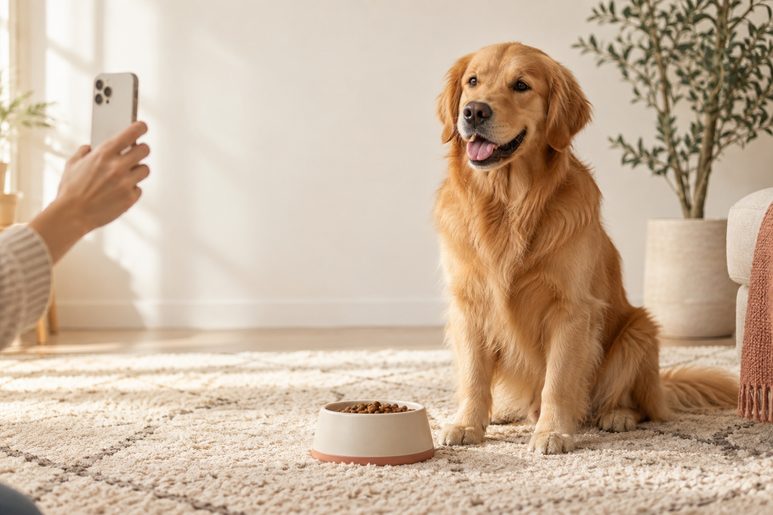 A golden retriever being photographed at home beside a food bowl