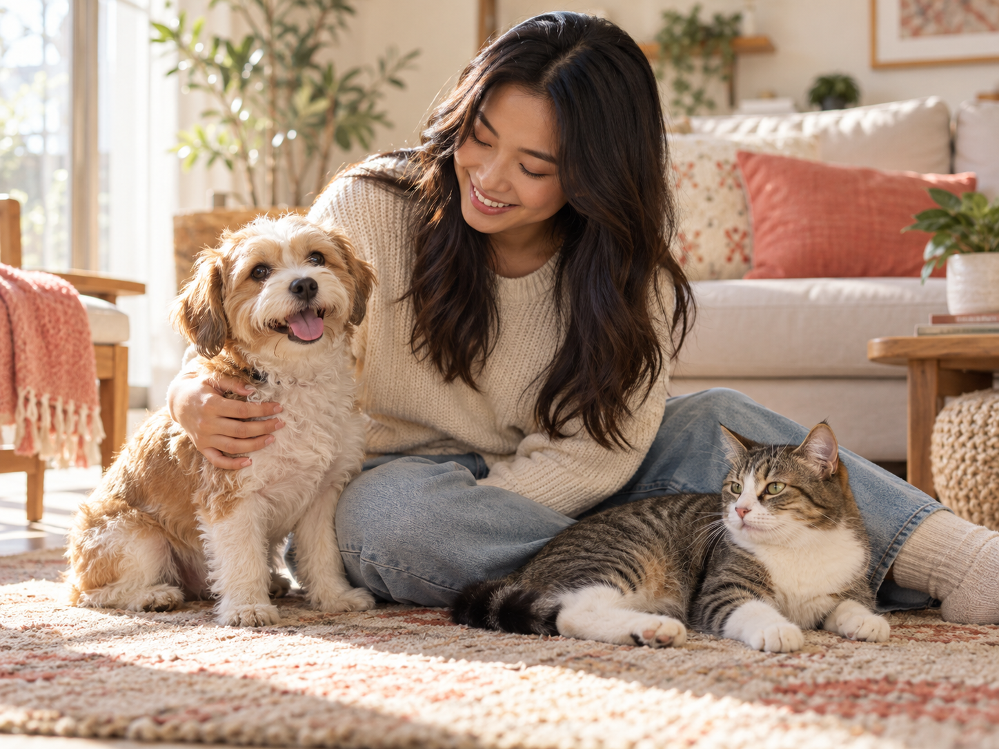 A person enjoying a quiet moment with a dog and cat